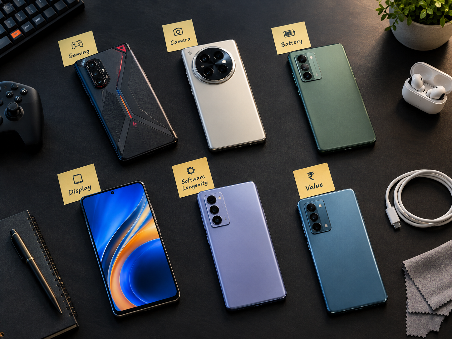 Multiple budget 5G smartphones arranged for comparison